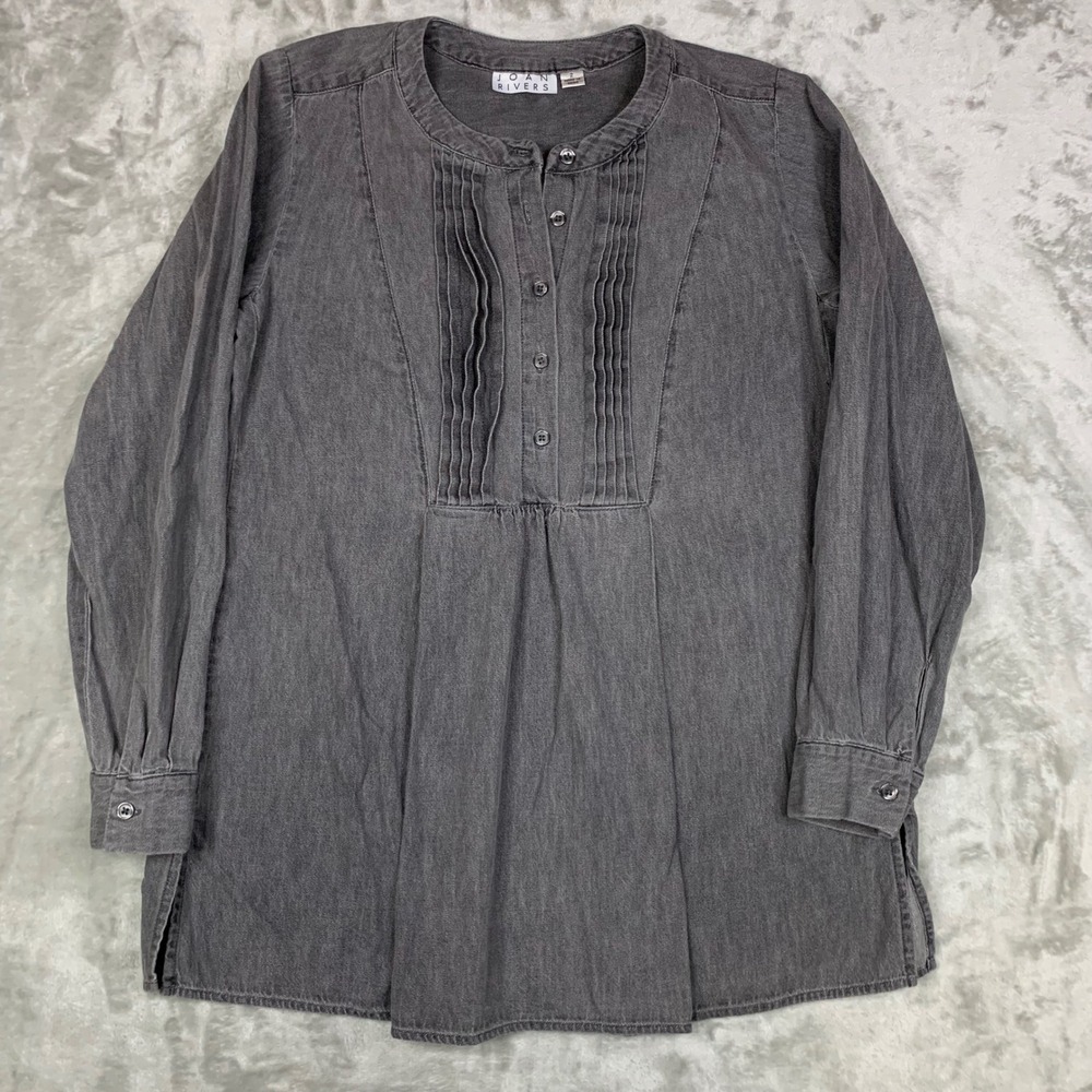 Joan Rivers Pintuck Pleated Long Sleeve Tunic Blouse Women 2 Relaxed Gray Cotton